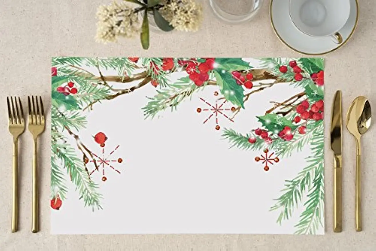 Christmas Table Placemats Holly Evergreen Design Parties Brunch Dinner Disposable 4pc Cleanup 12x18in Place Mats Party Studio