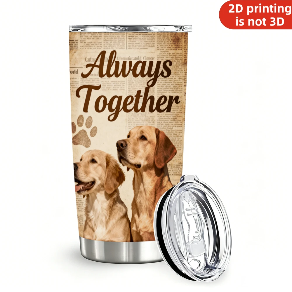 20oz Dog Best Friends Always Together Printed Stainless Steel Tumbler with Lid and Straw, Golden Retriever Vintage Newspaper Paw Print Vacuum Insulated Travel Coffee Mug Pet Gifts