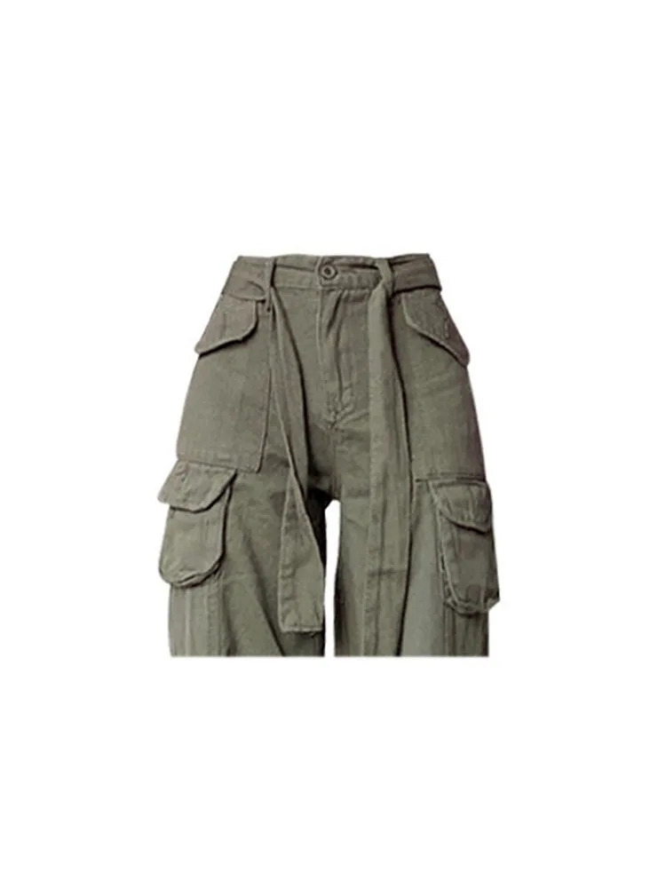 Retro Army Green Overalls Wide Leg Cargo Women Pants Women's Trousers Sexy Low Waist Loose Casual Trousers Streetwear New