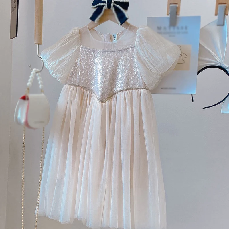 Vestito a rete tempestato di diamanti finti con paillettes alla moda per bambini vestito da festa Casual con maniche a sbuffo estivo per ragazze per