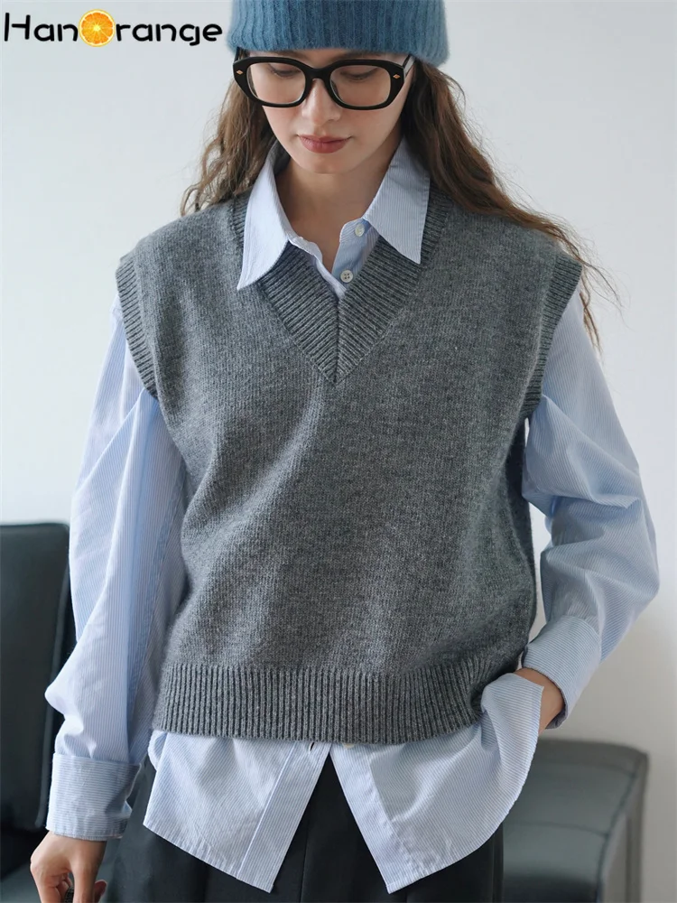 

HanOrange 2024 Spring Texture Wool Sweater Vest Women Layered Loose Casual Sleeveless Knitted Top Female Gray/Orange