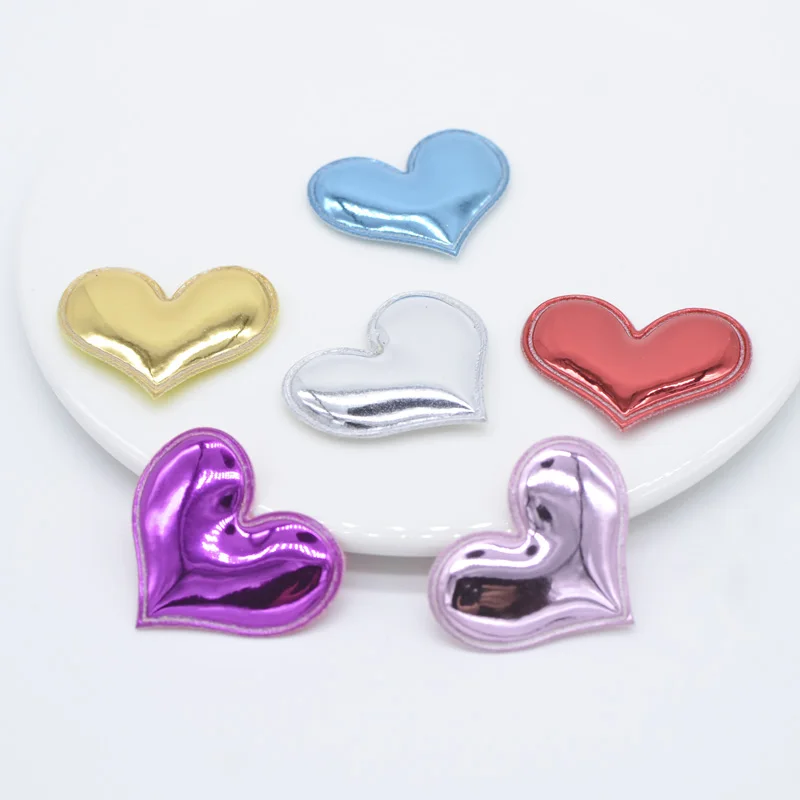 100Pcs/lots Shiny PU Heart Shape Padded Felt Patches for Decoration Hair Accessories Crafts Cake Toppers Appliques Ornament