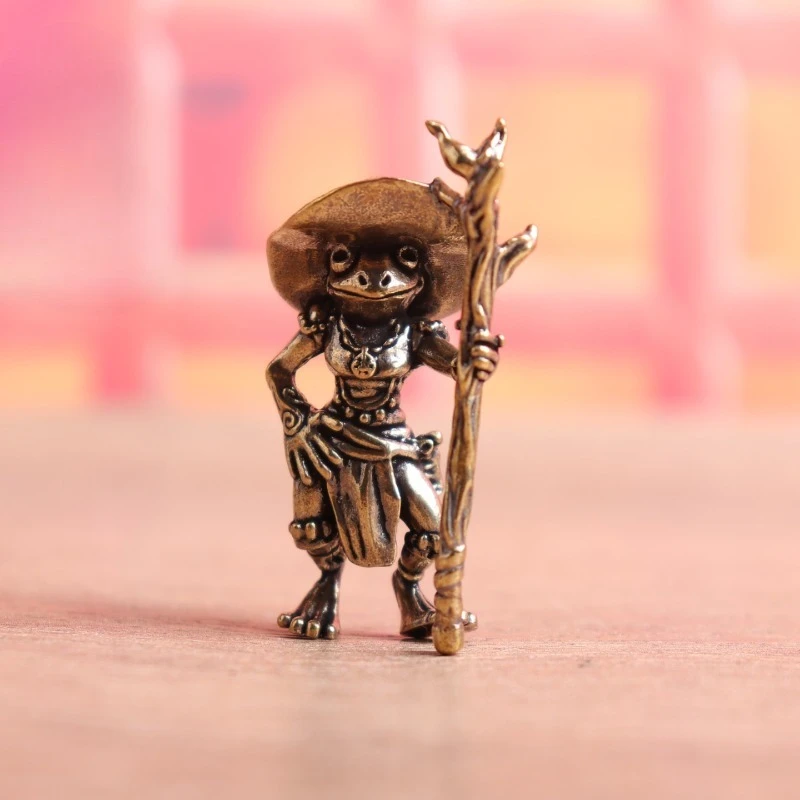 Vintage Brass Mini Frog Figurine, Anthropomorphic Frog With Hat & Staff Metal Statue Desktop Tea Pet Ornament,