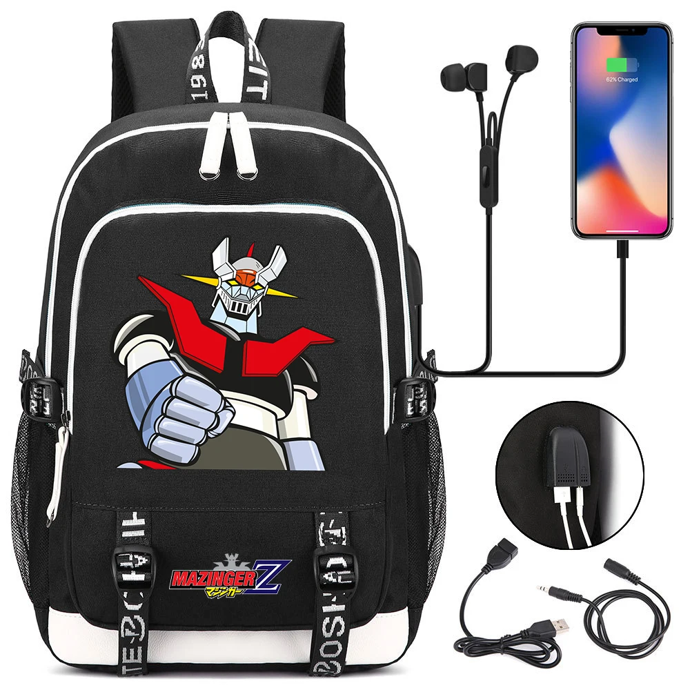 Hot Mazinger Z Backpack Men Women USB Charging Laptop Travel Backpack Teenager Student Backpack Casual Mochila