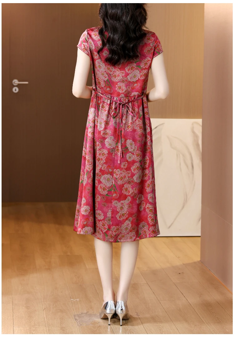 Summer Women Red Satin Vintage Luxury Bodycon Dress 2025 Office Lady Floral Silk Midi Dress Elegant Casual Night Party Vestidos