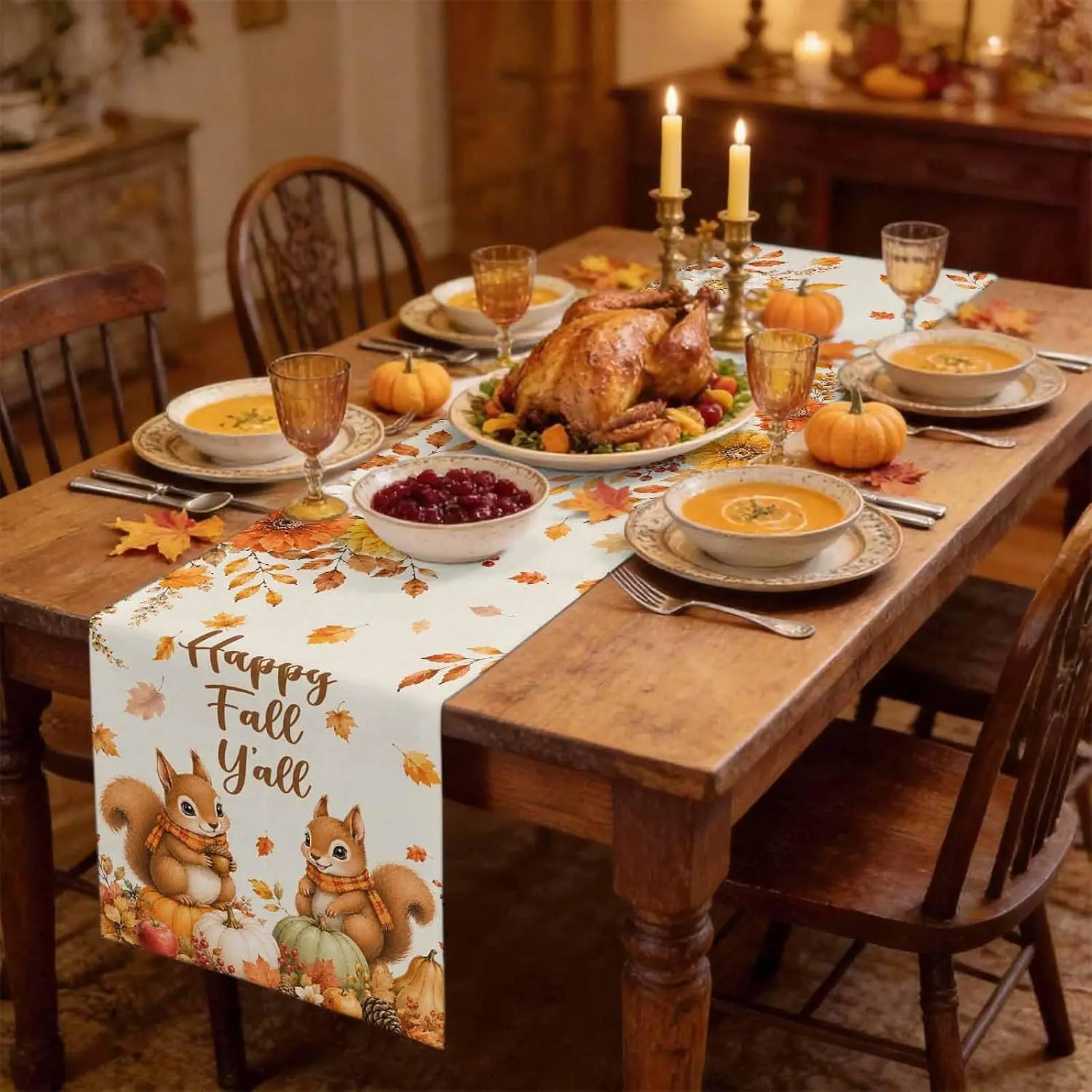 Fall Squirrel Pumpkins Linen Table Runner Home Decor Autumn Maple Leaves Flowers Kitchen Dining Table Runners Thanksgiving Decor