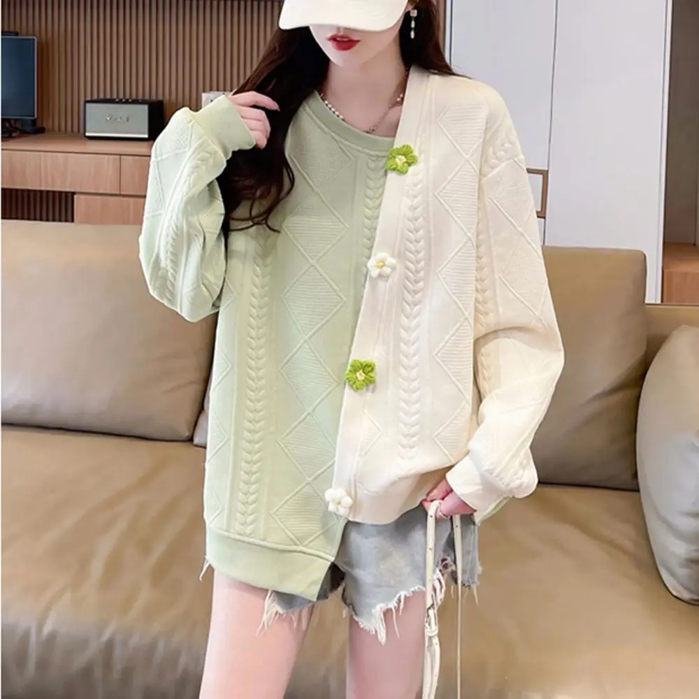 Women Korean Fashion 3D Flower Sweet Chic Asymmetrical Y2K Sweatshirt Female Casual V Neck Long Sleeve Loose Contrast Color Tops