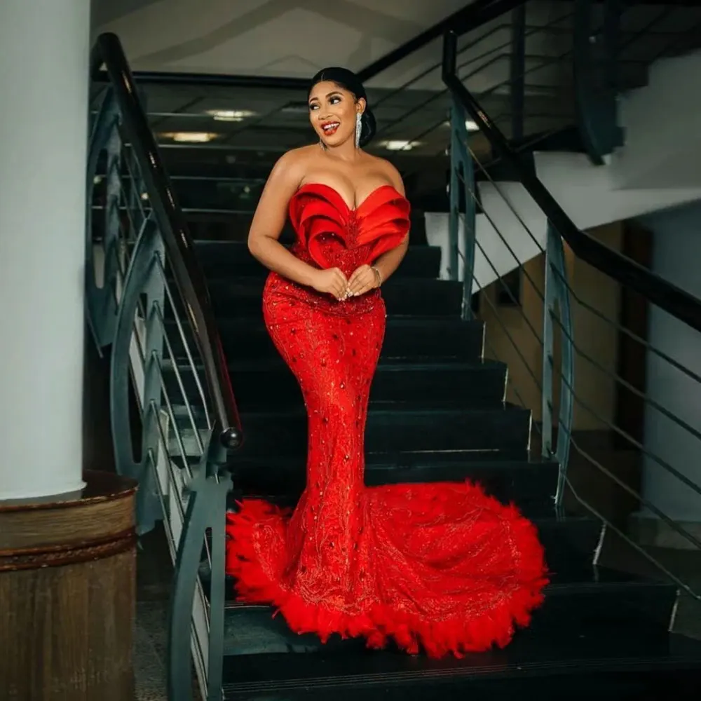 

Red Love Type Design Evening Dresses Women's Strapless Sleeveless Beaded Mermaid Floor Length Bridal Wedding Toast Dress Luxury