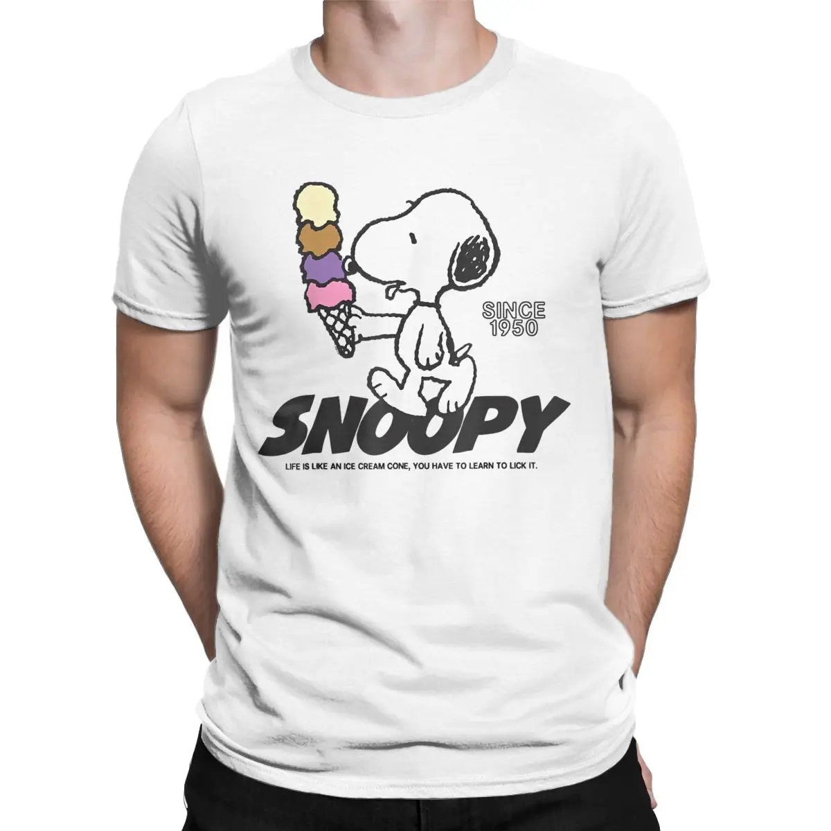 Peanuts Snoopy Ice Cream Cone T-Shirt Men Funny 100% Cotton Tee Shirt Round Collar Short Sleeve T Shirt Gift Idea merch