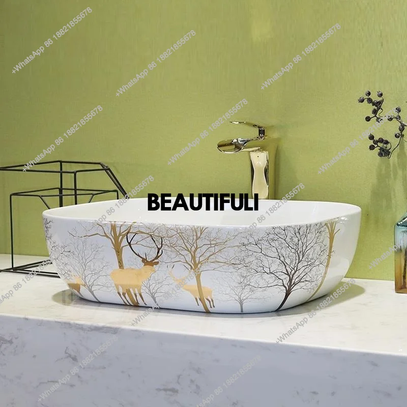 

Nordic Countertop Washbasin Ceramic Bathroom Sink Lavatory Sink For Toilet Simple Mixed Faucet Shampoo Basin Matching Set Drain