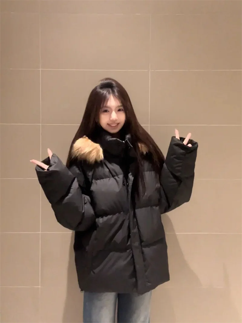 アメリカンスタイルのトレンディなブランドデザイン、襟付きフード付きブレッドジャケット、女性用多用途通勤用暖かいニッチベーシックコットンジャケット