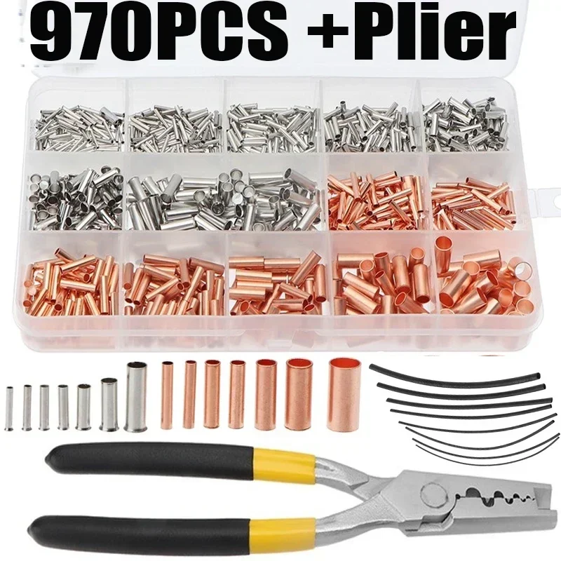 New 970 Copper Tube Terminal Cable Lug Bootlace Ferrule Kit with Heat Shrink Tube Crimping Plier Copper Connecting Pipe Wire Joi