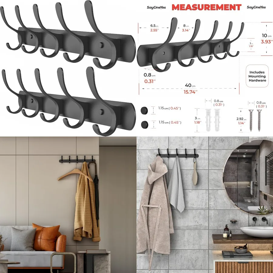 

Настенная черная вешалка для одежды с 16-дюймовой сверхмощной матовой отделкой из нержавеющей стали для прихожей в ванной комнате 5 двойных крючков для одежды Ide
