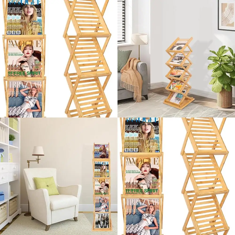 حامل مجلات A4 من الخيزران قابل للطي، حامل أرضي بـ 5 جيوب، بطول 57 للمعارض والتجزئة. #1