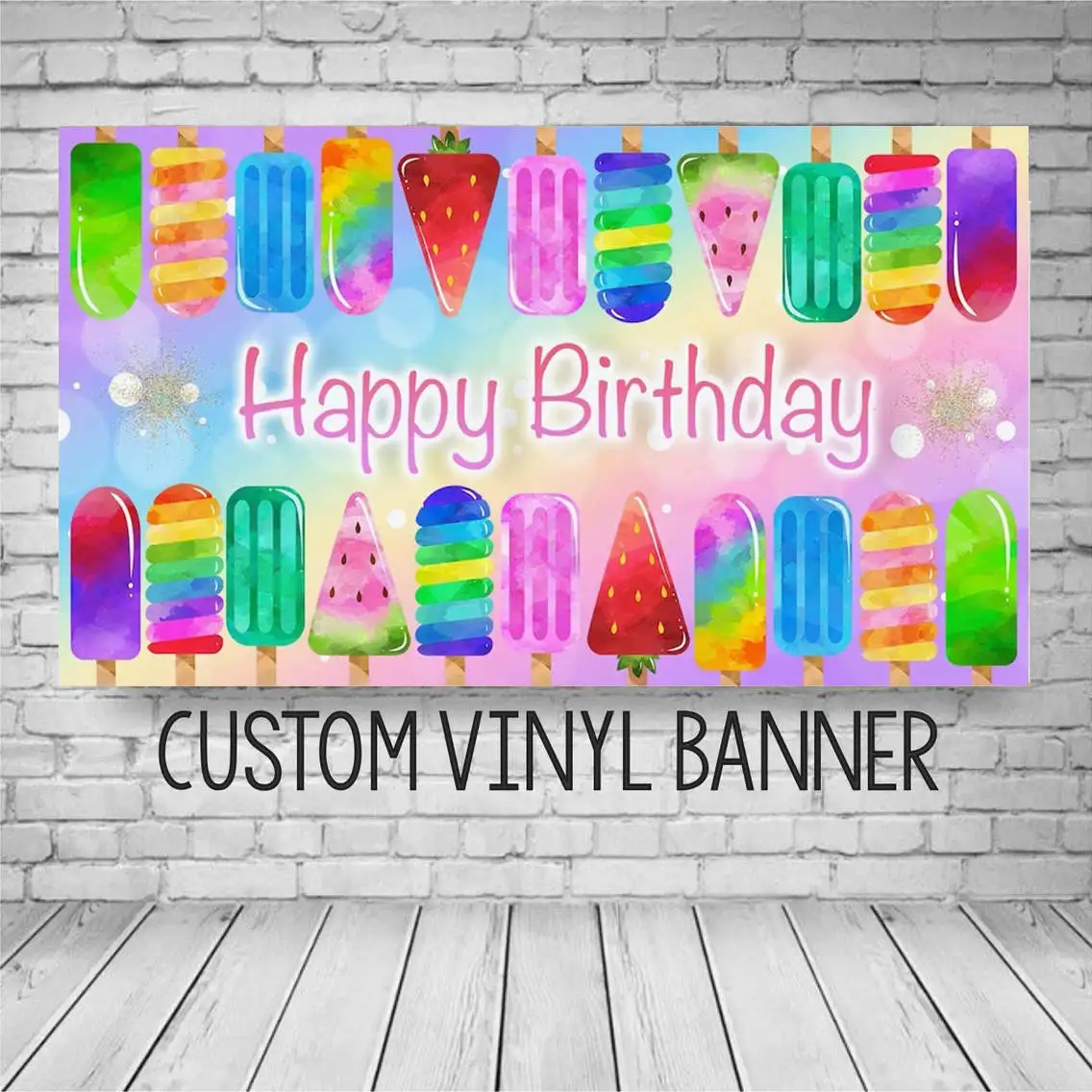 

Sweets One Two Ice Cream Donut Popsicle Birthday Party Decoration Banner Backdrop Personalized for Kids 1 Year Old First Custom