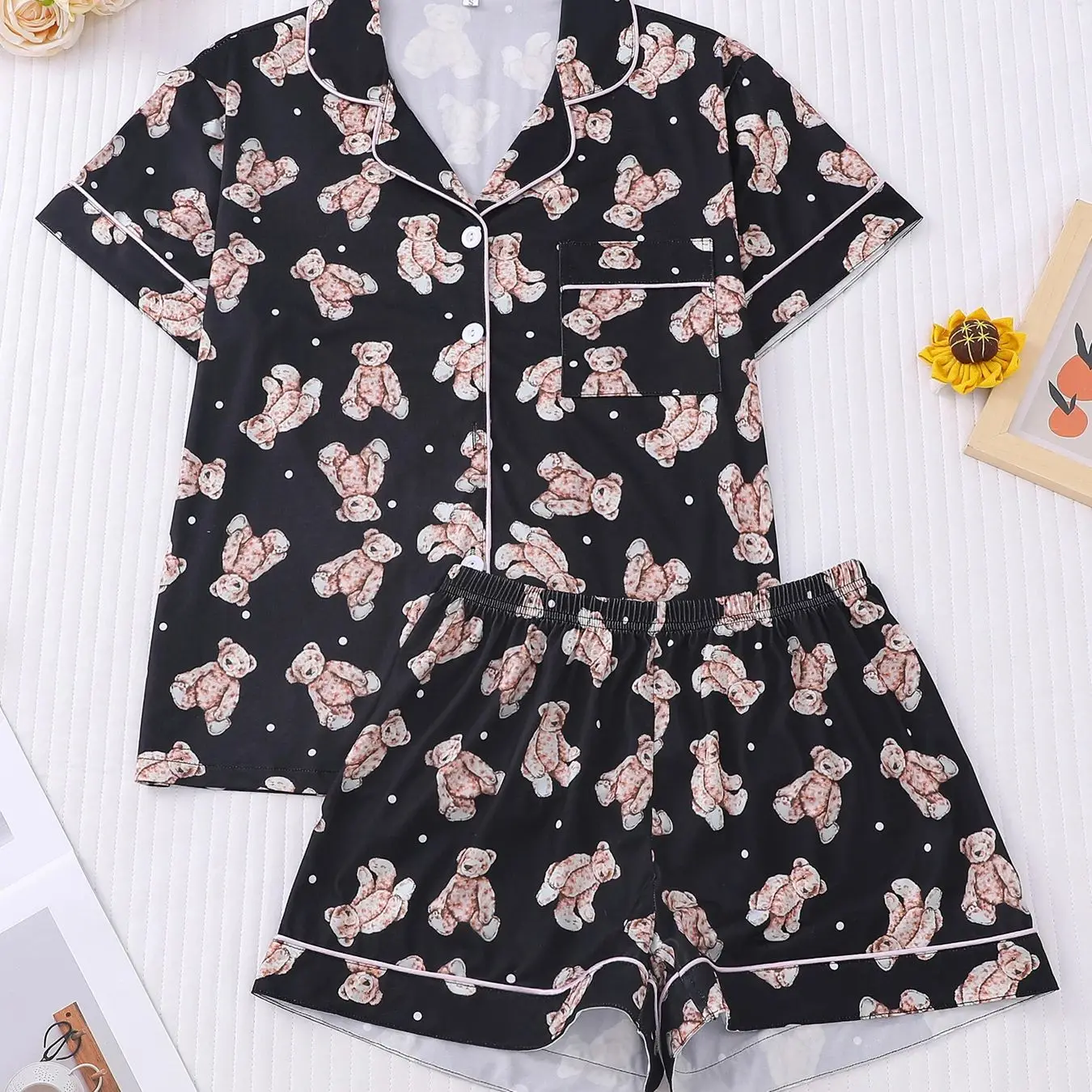 

Black background polka dot teddy bear element pajama set for women's lapel short sleeved home wear, loose and slimming casual