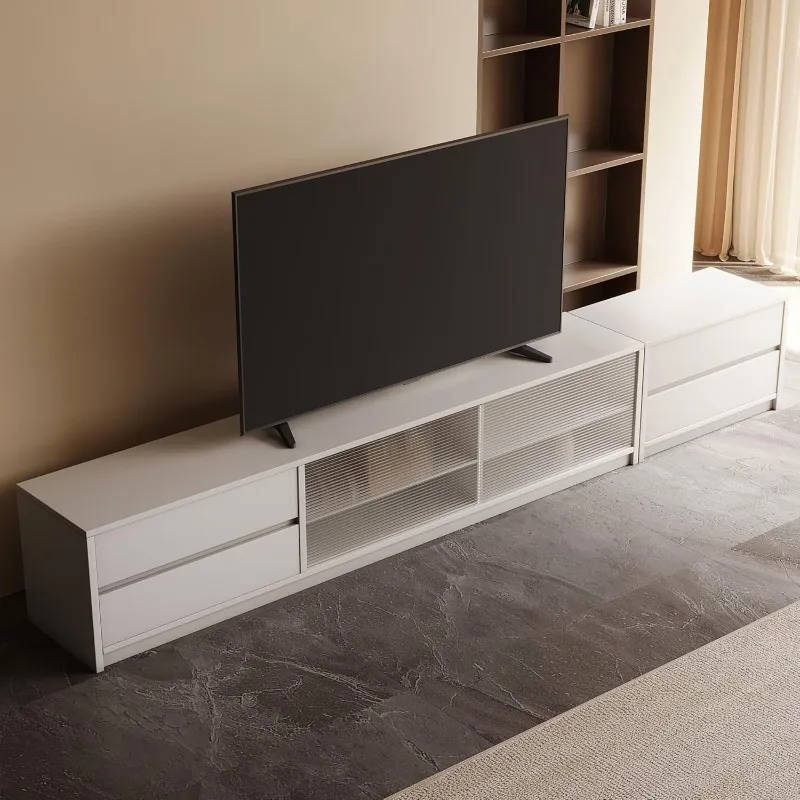 アクリル扉と4つの引き出し付きモダンTVスタンド、90インチテレビ用エンターテイメントセンター、Li用スタイリッシュで機能的なメディアコンソール