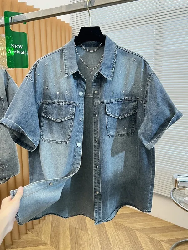 

Casual Loose Women's Denim Shirt Summer Fashion Washed Outwear Top Diamond Pocket Detail Cotton Polyester Blend Short Sleeve