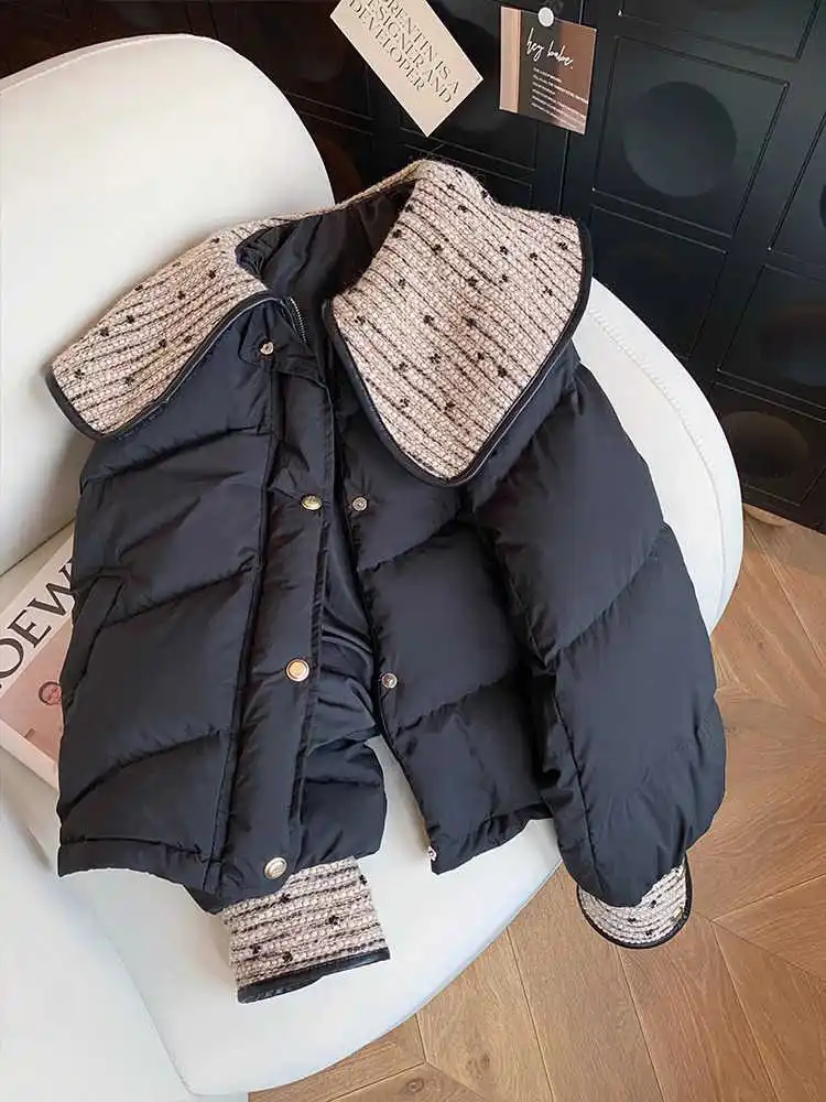 

Vintage Patchwork Turn Down Collar Cotton Jacket Women Winter Fashion Single Breasted Black Loose Outerwear