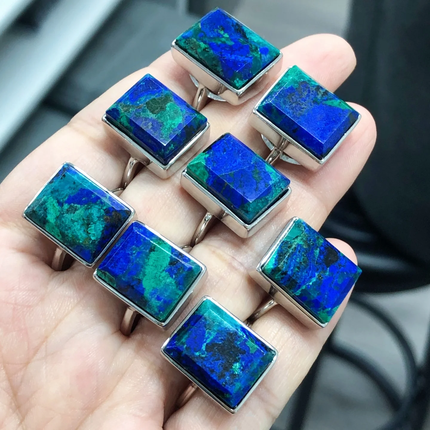 1 Pc Fengbaowu Natural Azurite Square Ring Resizable 925 Sterling Silver Reiki Healing Stone Jewelry Gift