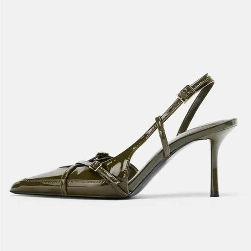 مثير الكاكي الأخضر براءات الاختراع والجلود مضخات النساء أزياء عبر تعادل حزام الظهر مشبك مصمم حذاء مثير وأشار كعب رقيقة اللباس الحذاء #4