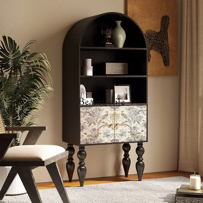 

French retro flower and bird solid wood porch bookcase home storage cabinet