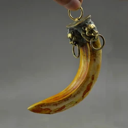 Chinese Handwork Collection Artificial Boar's Tooth & Copper Carving Lion Statue Pendant