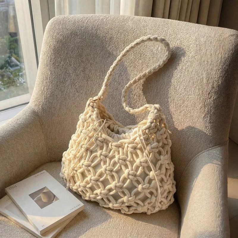 

Women's Small Crochet Knit Drawstring Shoulder Bag Fresh Vacation Aesthetic Beach Daily Casual Tote Bag 2026 Handbags