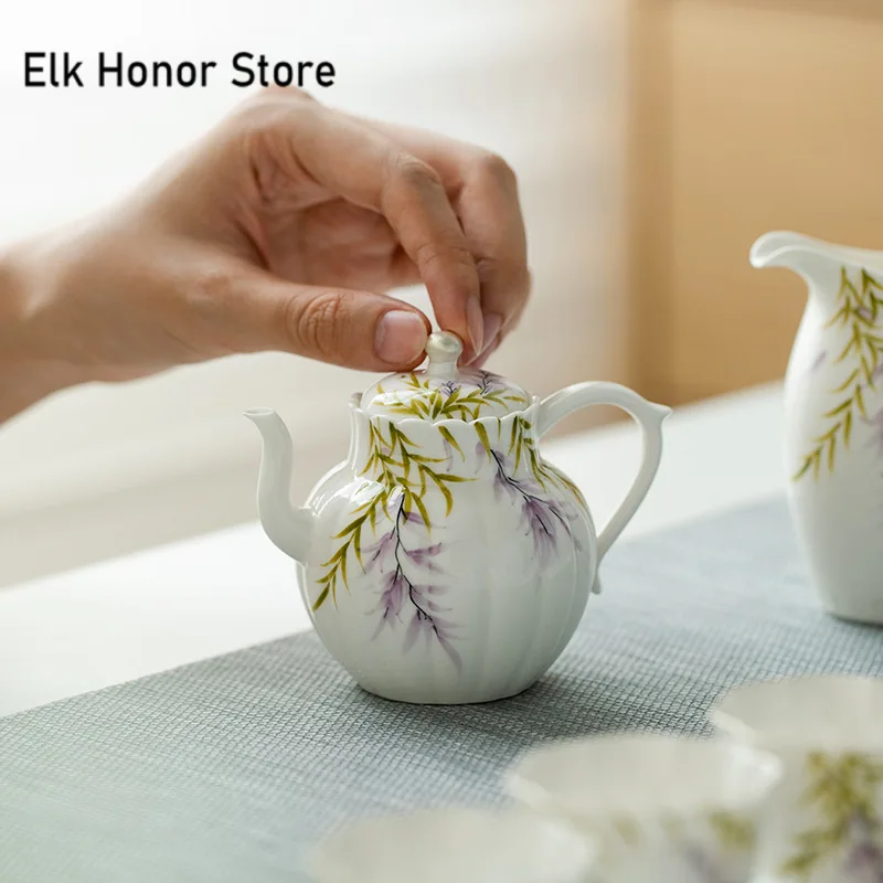 130ml Pure Hand-painted Wisteria Flower Teapot Antique Tracing Silver Pot Household Tea Soaking Kettle with Infuser Cafes Craft