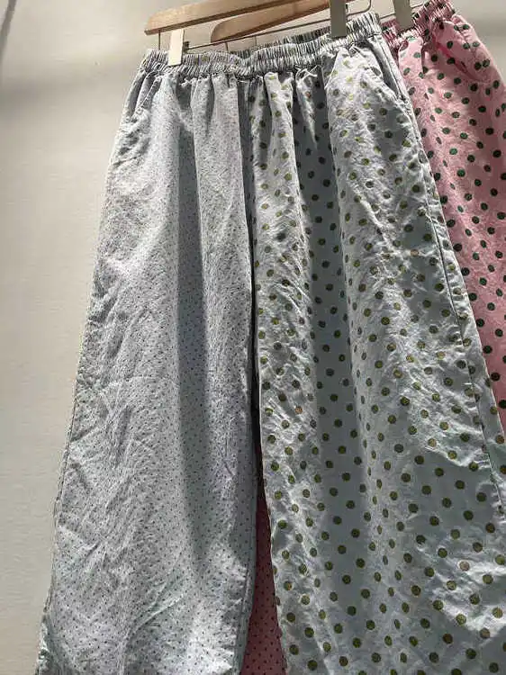 

Spring Women's Slimming Polka Dot Splicing Pure Cotton Loose Wide Leg Pants Casual Trousers High Waist Straight Cut