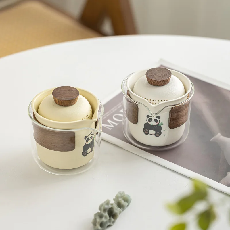 

Cream style portable panda tea set, travel set, tea pot, express cup, outdoor camping and drinking equipment