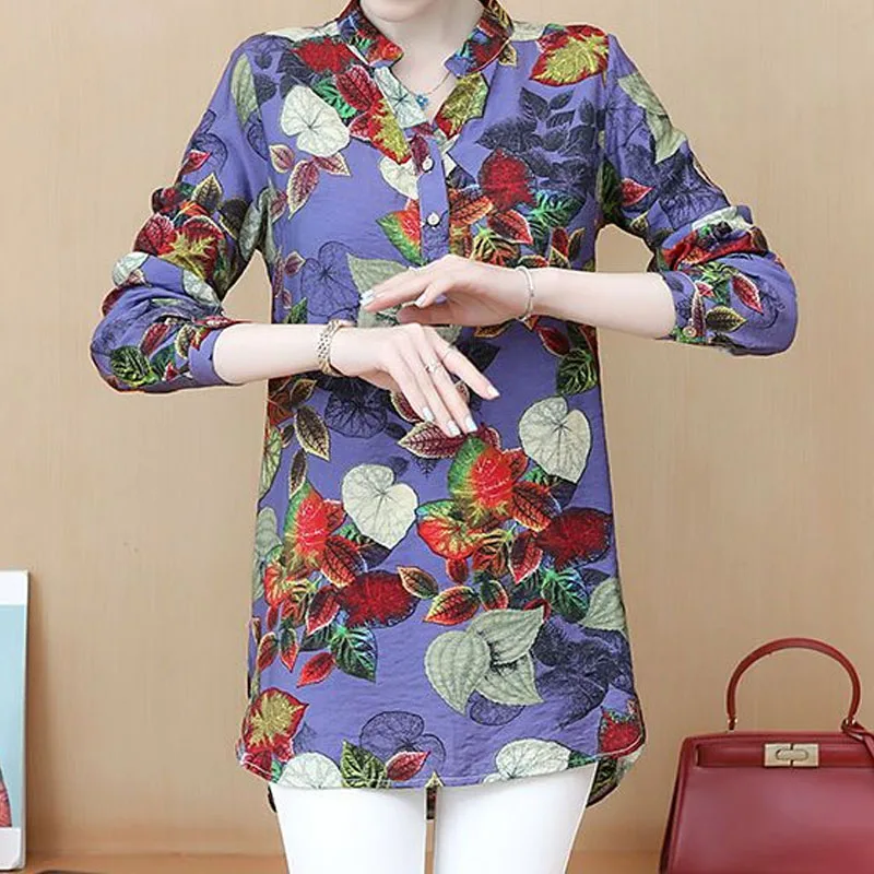 Women\'s Printed V-Neck Long Sleeve Shirt Korean Casual Elegant Button Midi Slim Pullovers Blouse Fashion Female Clothing 2022