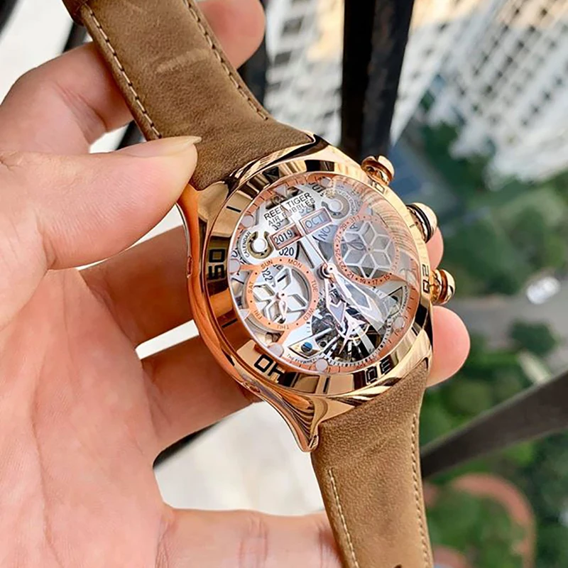 Reef Tiger/RT Luxury Rose Gold Sport Men Watch For Skeleton Luminous Watch Year Month Day Date Automatic Mechanical Watches