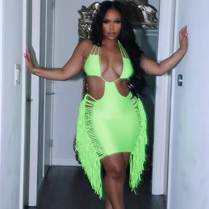 GUWU ノースリーブ ホルターネック カットアウト フリンジ ドレス オフショルダー パーティー ナイトドレス フェスティバル衣装 クラブウェア