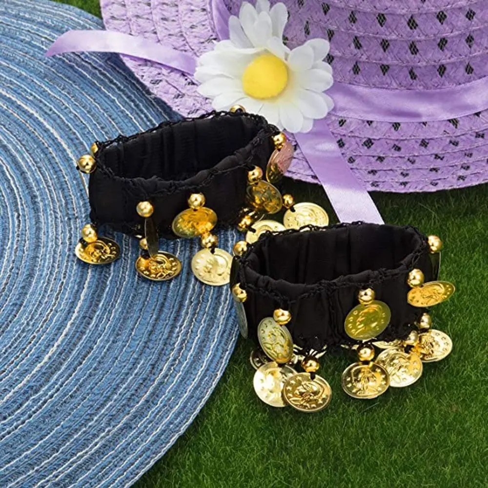 1 paio di braccialetti da polso per danza del ventre in Chiffon con moneta d'oro alla caviglia bracciale a sonaglio da polso