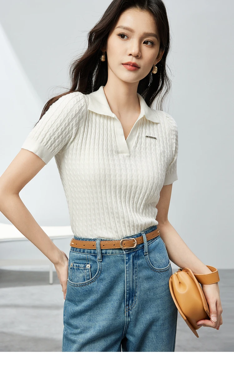 

SENTUBILA Simple Solid Polo Collar Knitted Top 2024 Summer Commuter New Casual Pullovers Short Sleeve Top for Women W42H54920