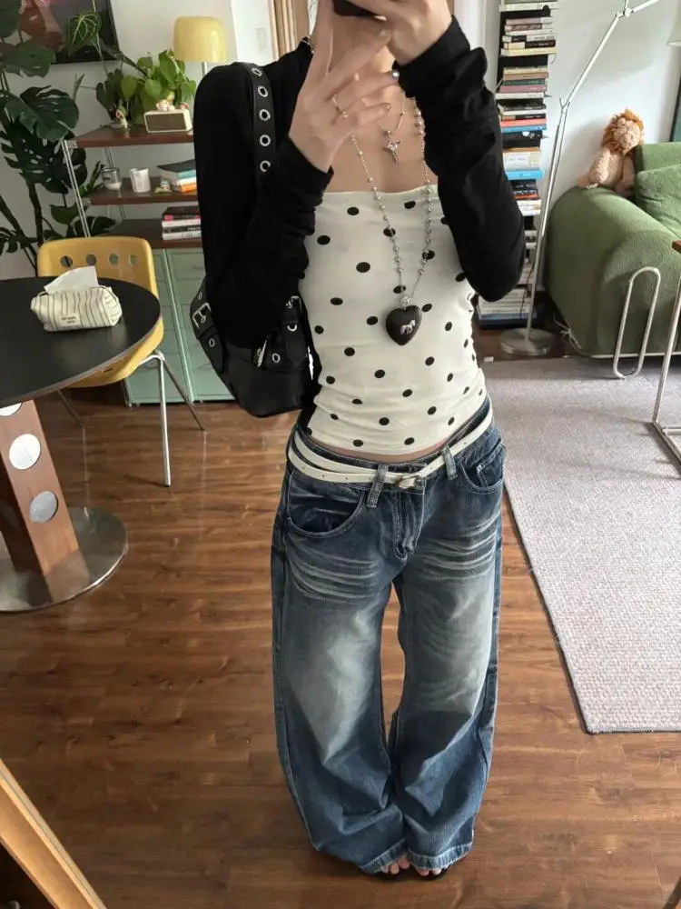 Yedinas Patchwork Dot Fake Two Piece Tops Long Sleeve Women's T-shirt Autumn Tops Korean Fashion Tees Female Clothing Chic Shirt