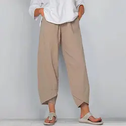 Oversized Womens Solid Cotton Linen Pockets Baggy Casual Harem Pants Ladies Summer Classic Ankle-Length Trousers Plus Size 2023