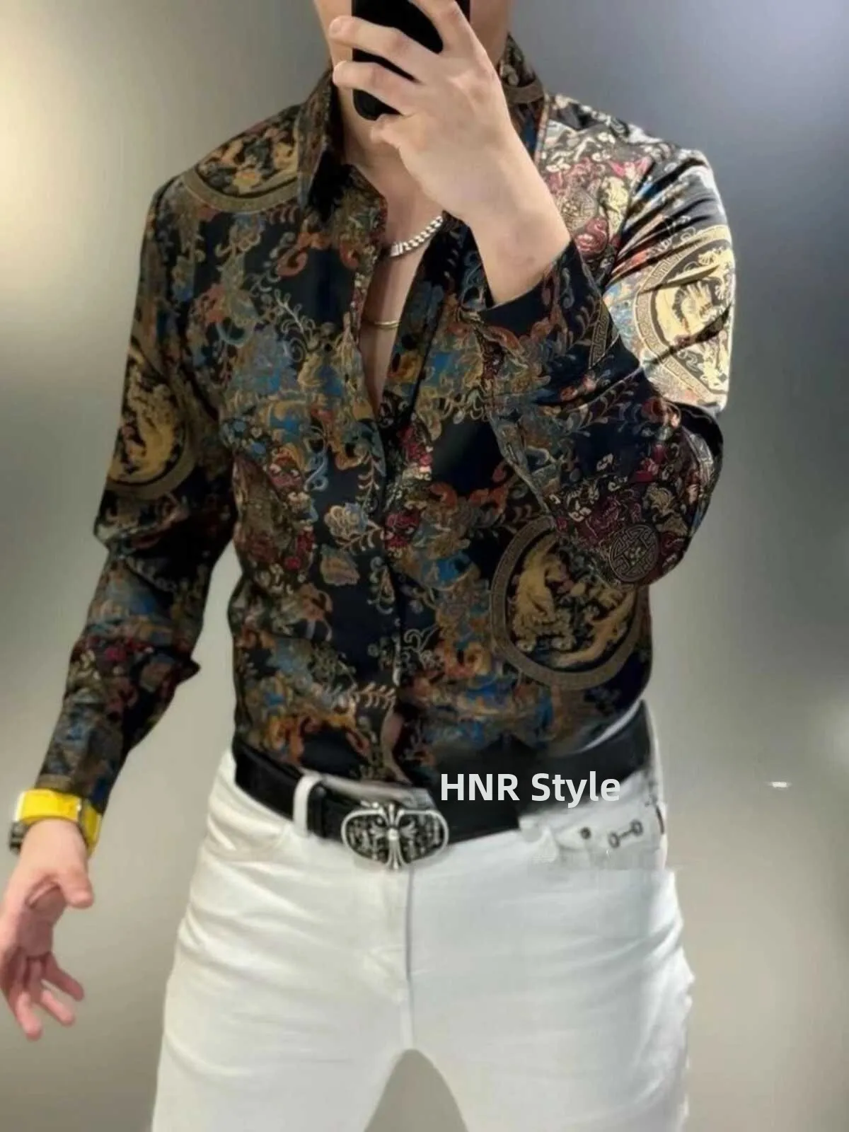 

Faionable Long Sve Slim Fit Casual irt for Men Spring Autumn New Sle Dragon Flng Print irt Youth ular irt