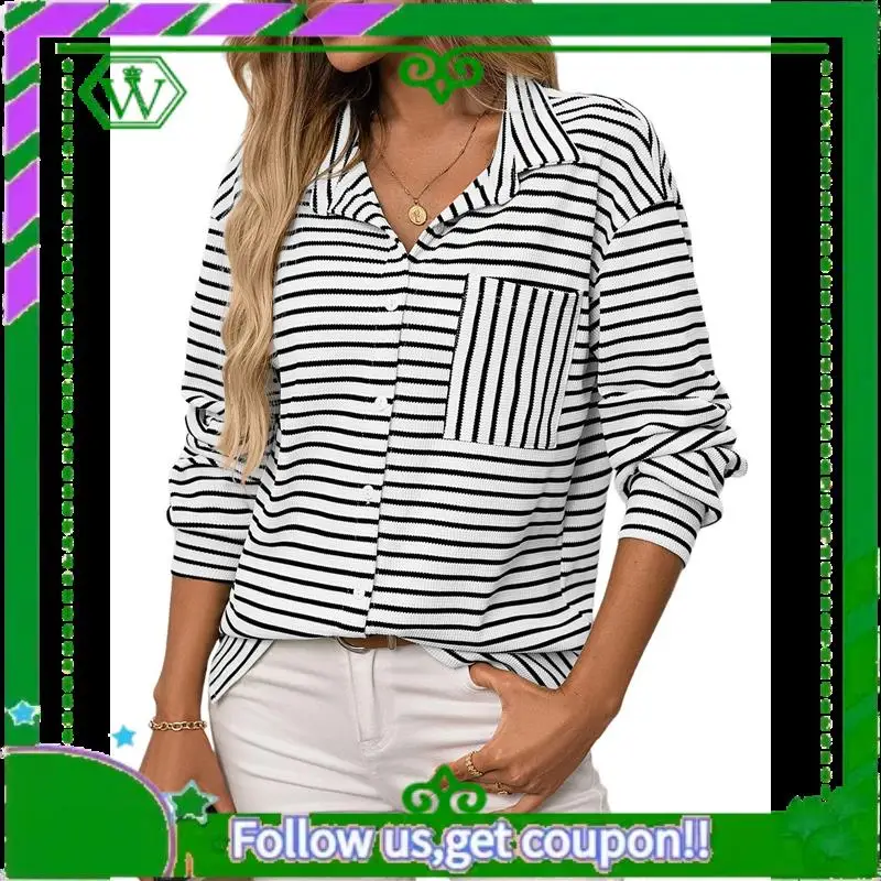 

A18P-Womens Button Down Shirts Striped Classic Long Sleeve Collared Office Work Blouses Tops With Pocket
