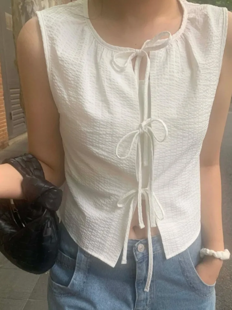 

Chic Striped Tie-Detail Women's Shirt Unique Stylish Summer 2026 Cotton Short Sleeve round Neck French Style Fashion Top