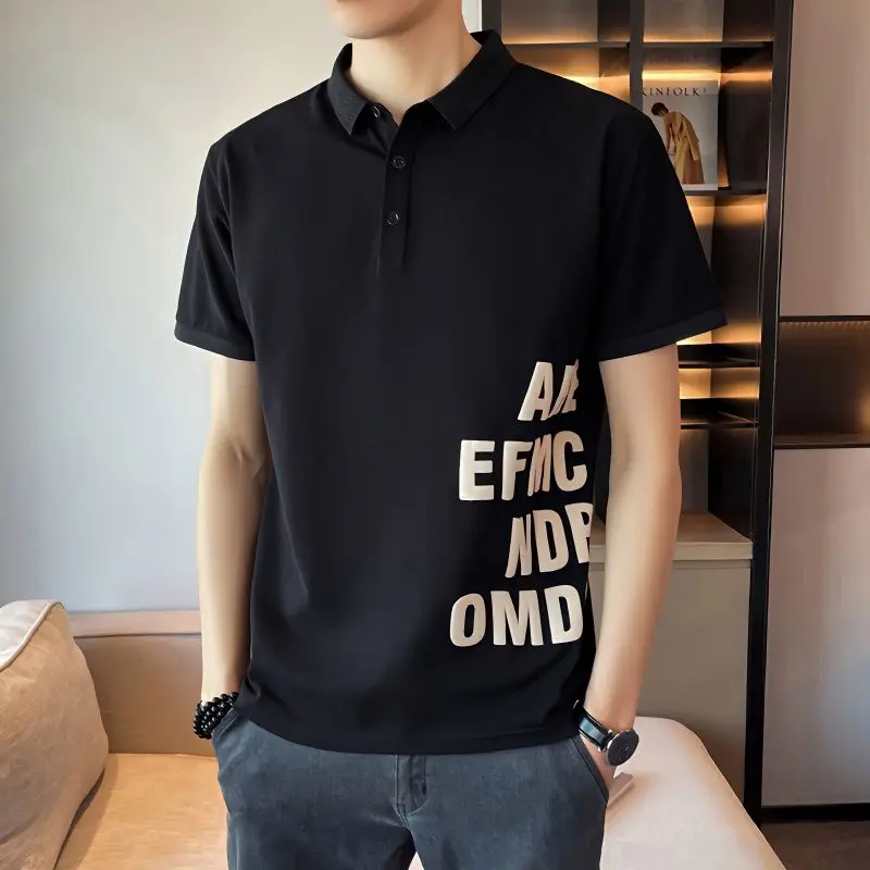 

Short Sleeve Mens With Collar T-shirt Loose Letter Print Male Polo Shirts Original Stylish Men's Clothing Aesthetic Clothes