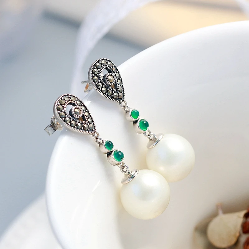 Authentic 925 Sterling Silver Earring Lady Retro Style Thai Silver Inlaid Imitation Pearl Earring Concise Trendy Jewelry Gift