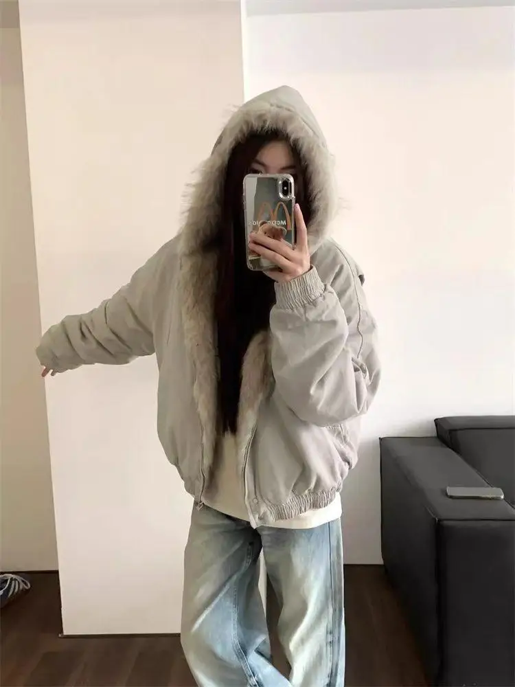 

Корейское женское черное универсальное плюшевое пуховое хлопковое пальто с длинными рукавами и капюшоном, зимнее серое толстое теплое короткое рабочее пальто, уличная одежда