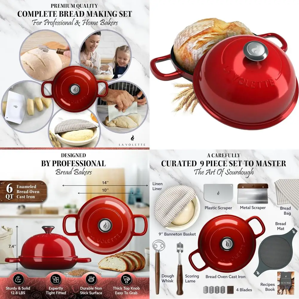 

9-Piece Red Enamel Cast Iron Bread Baking Set with Lid, 10 Dutch Oven, Silicone Mat, and Banneton