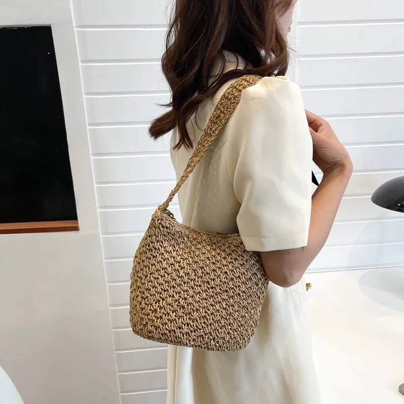 

Korean Style Large Capacity Straw Woven Handbag Bucket Bag Casual Beach Shoulder Bag Fashionable All-Match Handheld Bag