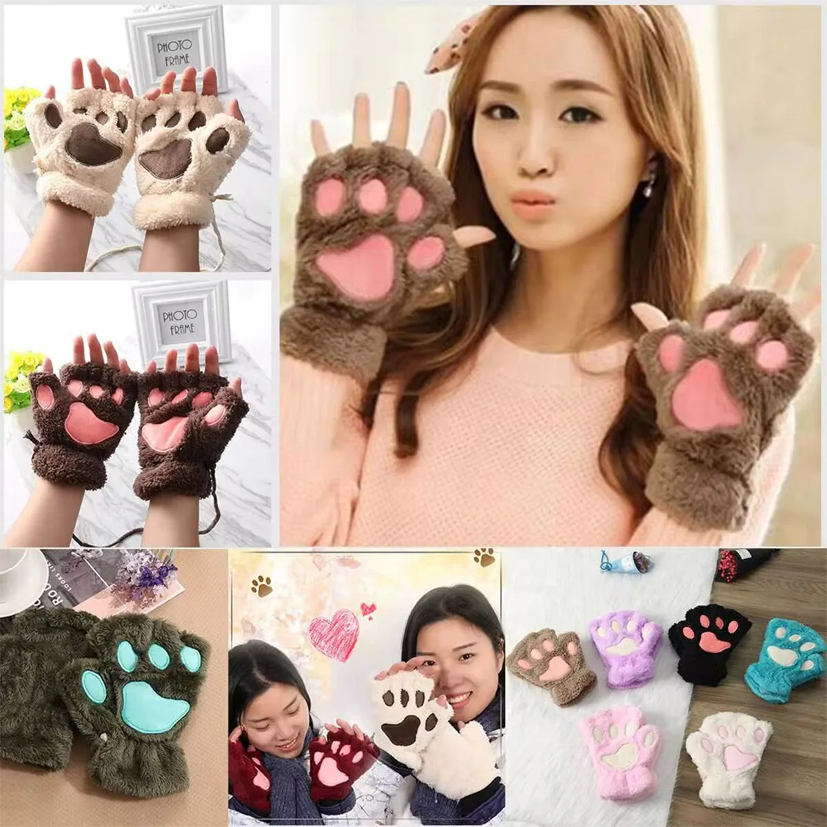 Cat Claw Gloves Winter Cute Cartoon Cat Girl Bare Finger Gloves Thick Fluffy Bear Paw Half Finger Gloves