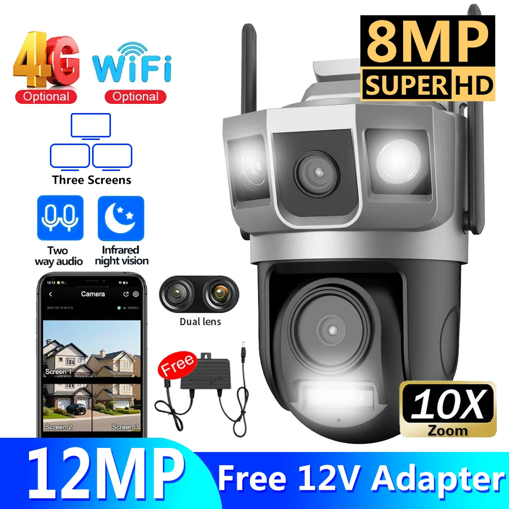 

12MP Dual Lens Security Protection Outdoor Wifi Surveillance Camera Waterproof 4G Cameras Baby Monitor 360 4K Night Vision V380