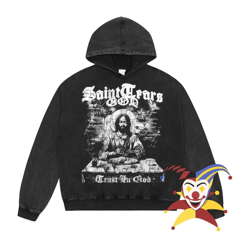 Saint Tears Hoodie Hooded Streetwear Oversized Vintage Washed Pullovers For Men Women