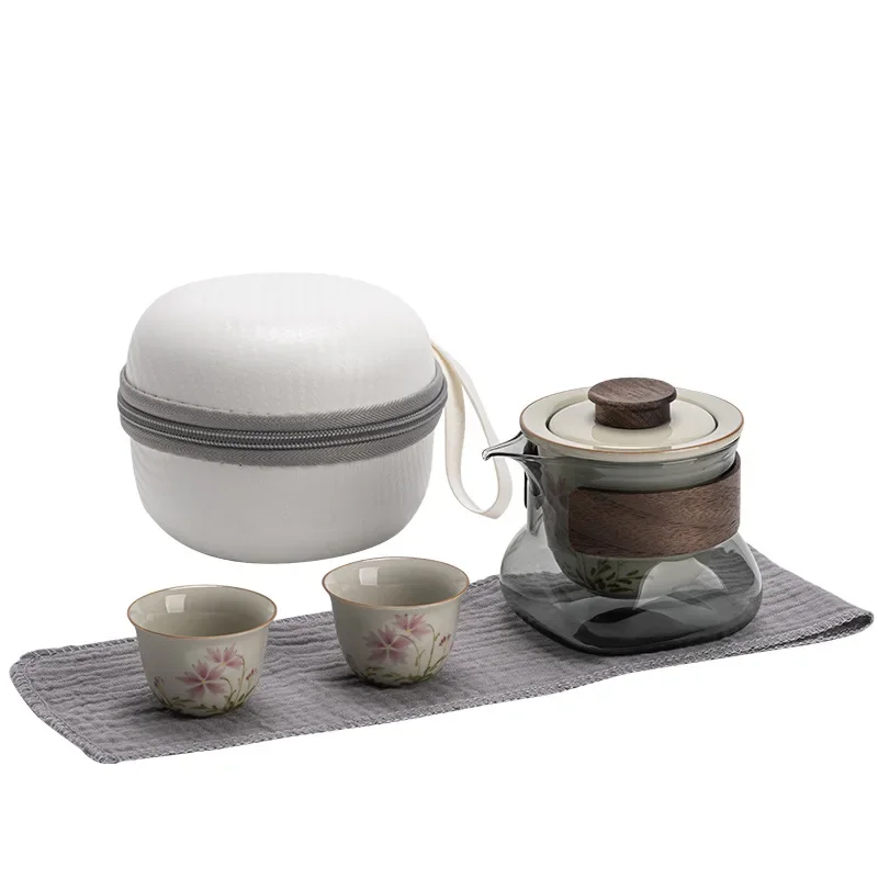 Hand-painted Daisy Travel Teaware Set Portable Tea Set Personal Outdoor Ceramic Tea Making Small Set One Pot and Two Cups